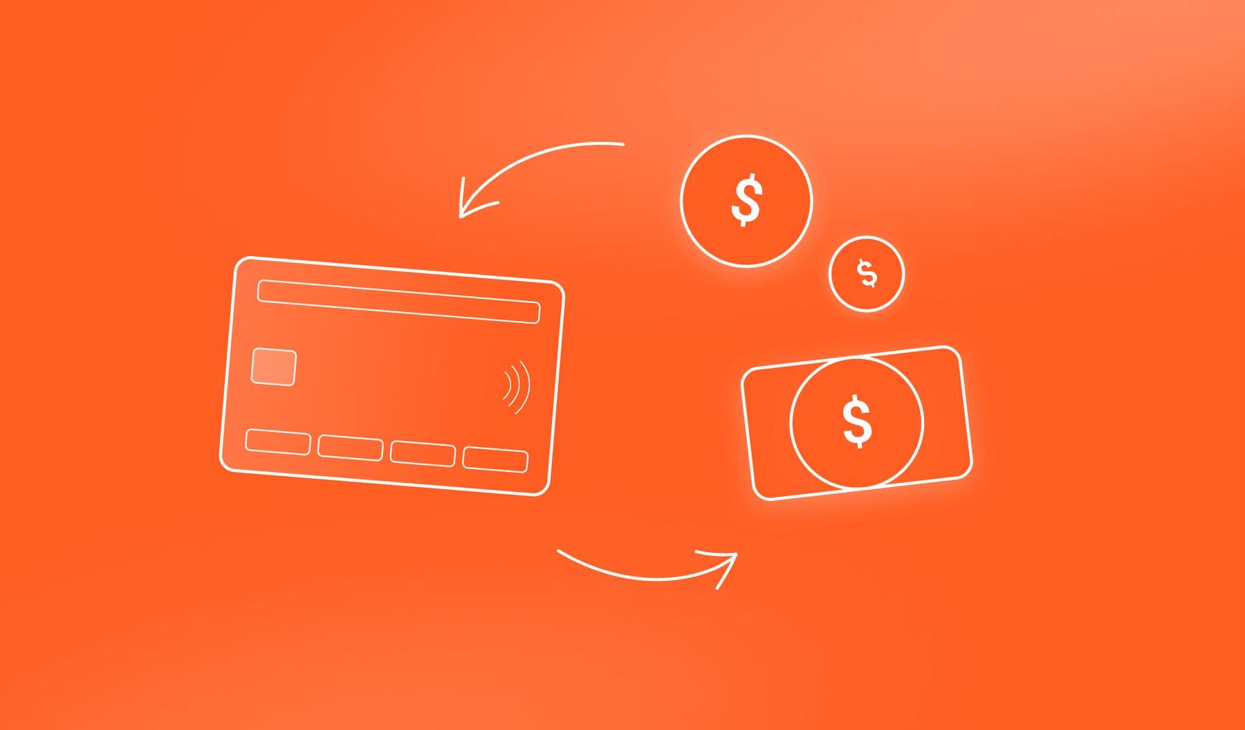 Credit Card Chargebacks line illustration of credit card and currency on an orange background